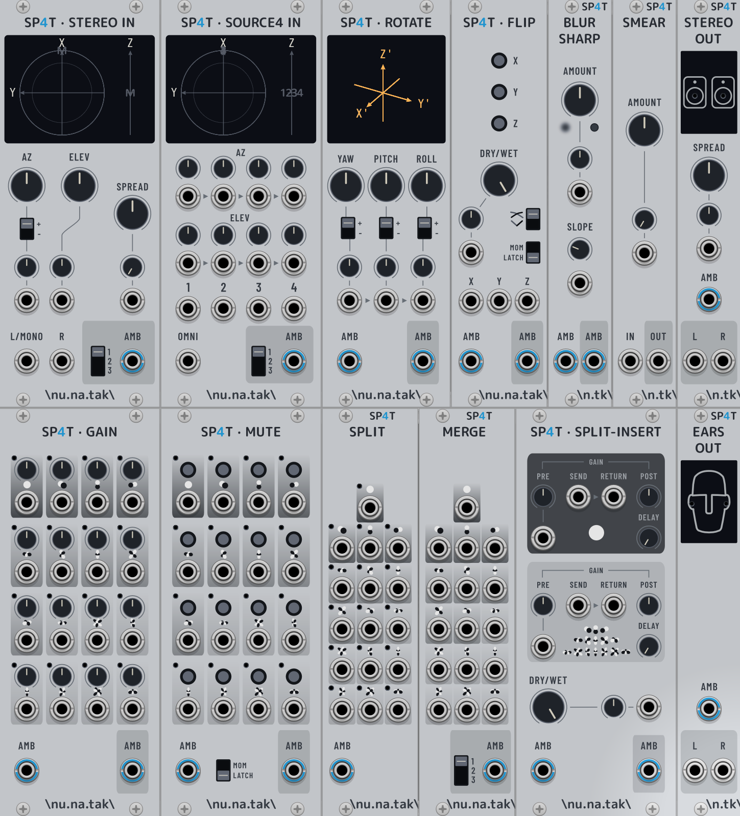 The SP4T module panels in VCV Rack